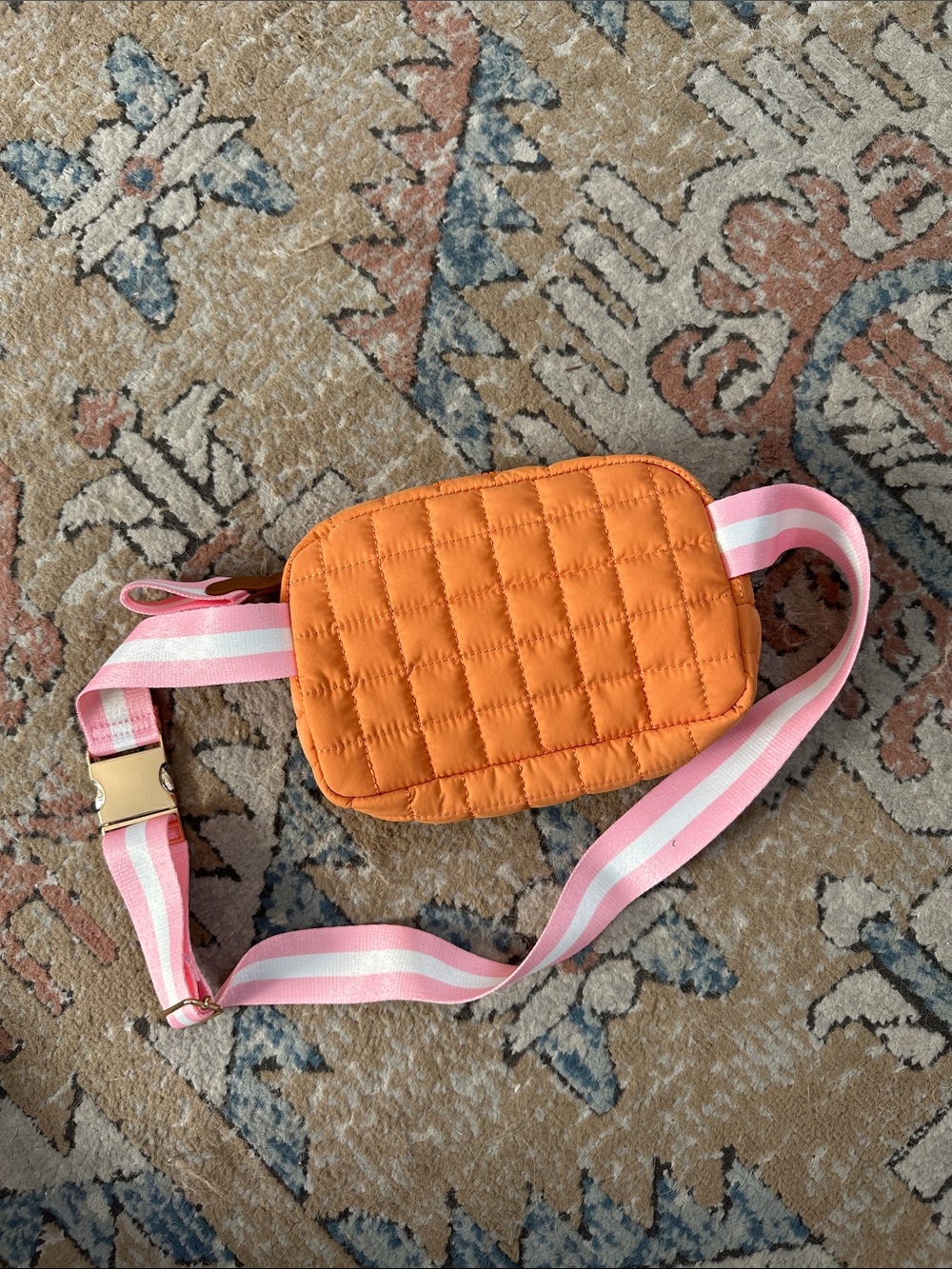 Kirklands Orange Quilted Crossbody Bag with Pink & White Strap